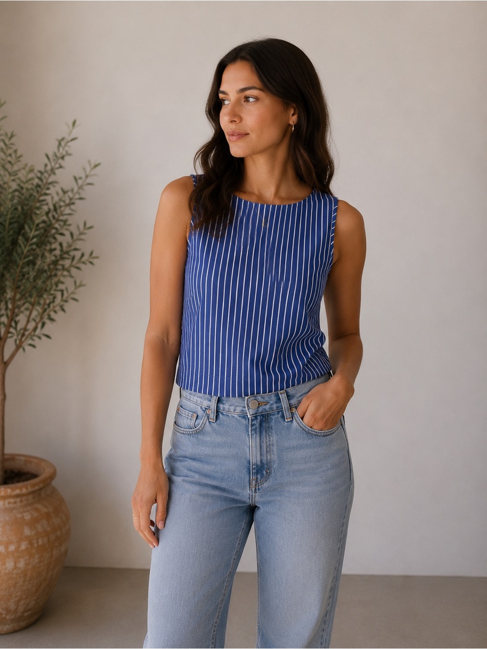 GAP Blue and White Striped Sleeveless Shell